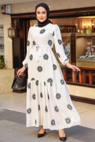Neva Style - Çiçek Desenli Beyaz Tesettür Elbise 10281B - Thumbnail