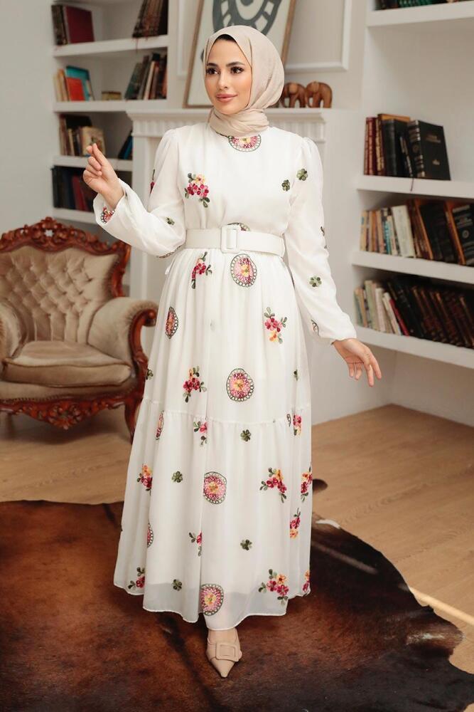 Neva Style - Çiçek Desenli Beyaz Tesettür Elbise 12040B - 1