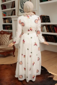 Neva Style - Çiçek Desenli Beyaz Tesettür Elbise 12040B - Thumbnail