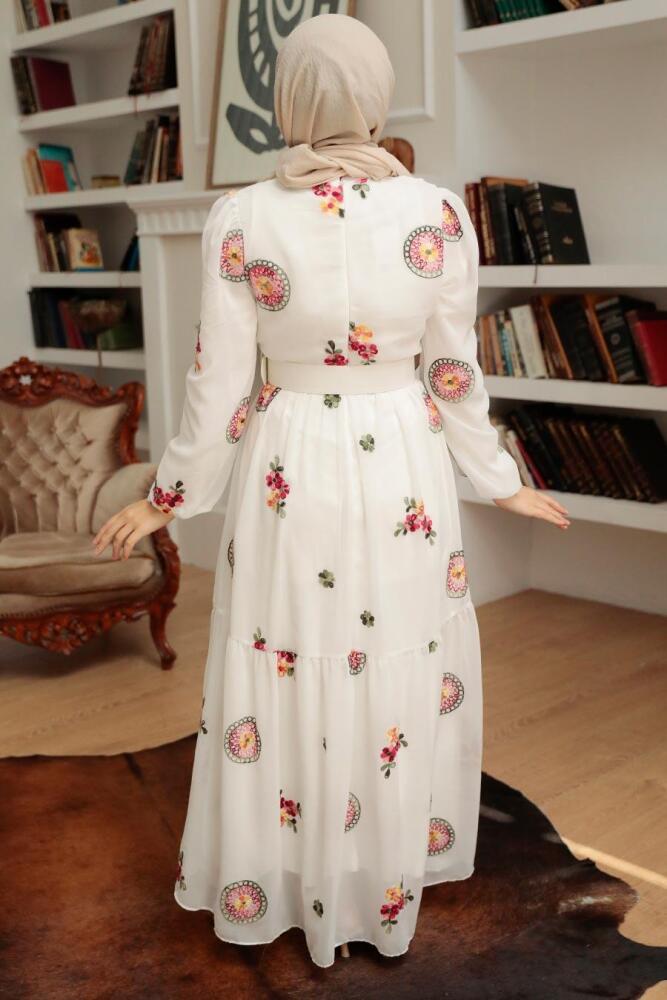 Neva Style - Çiçek Desenli Beyaz Tesettür Elbise 12040B - 2