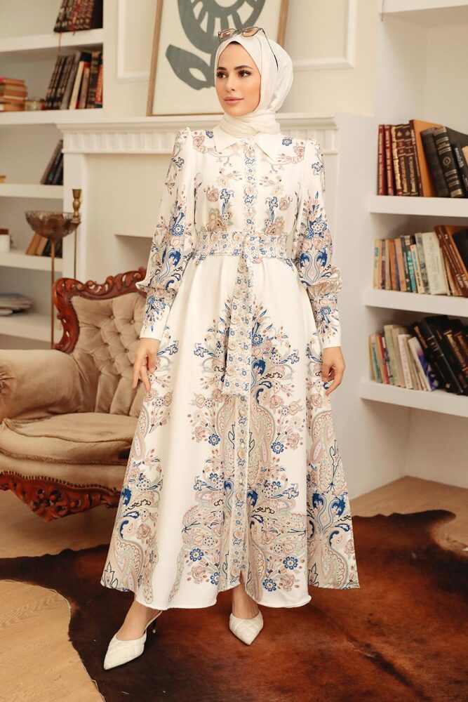 Neva Style - Çiçek Desenli Beyaz Tesettür Elbise 22143B - 1