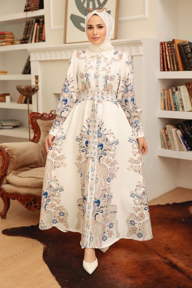 Neva Style - Çiçek Desenli Beyaz Tesettür Elbise 22143B - 2