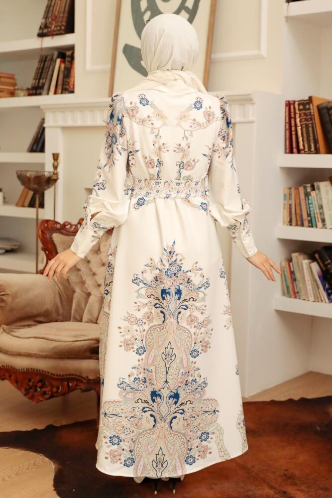Neva Style - Çiçek Desenli Beyaz Tesettür Elbise 22143B - 3