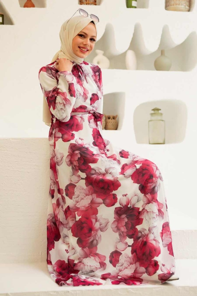 Neva Style - Çiçek Desenli Beyaz Tesettür Elbise 279054B - 1