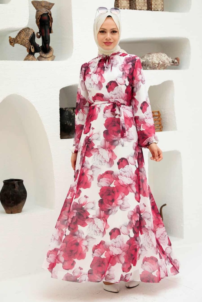 Neva Style - Çiçek Desenli Beyaz Tesettür Elbise 279054B - 2