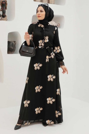  Çiçek Desenli Beyaz Tesettür Elbise 32941B - 2