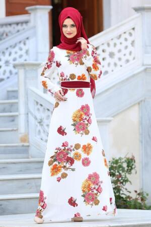 Neva Style - Çiçek Desenli Beyaz Tesettür Elbise 7765B - 1