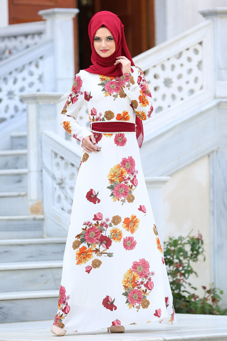 Neva Style - Çiçek Desenli Beyaz Tesettür Elbise 7765B