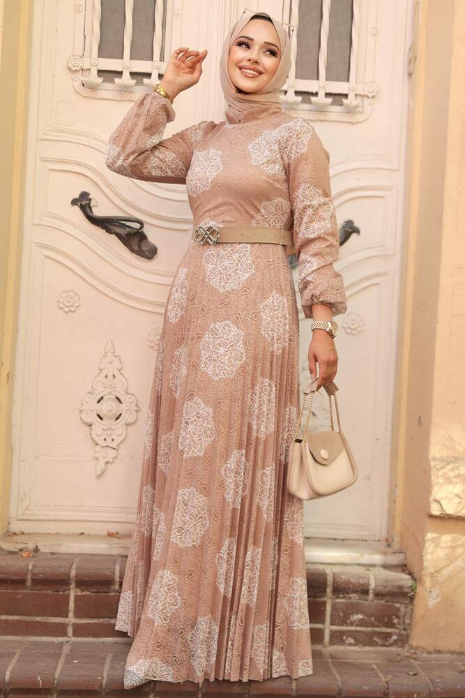 Neva Style - Çiçek Desenli Bisküvi Tesettür Elbise 11870BS - 2