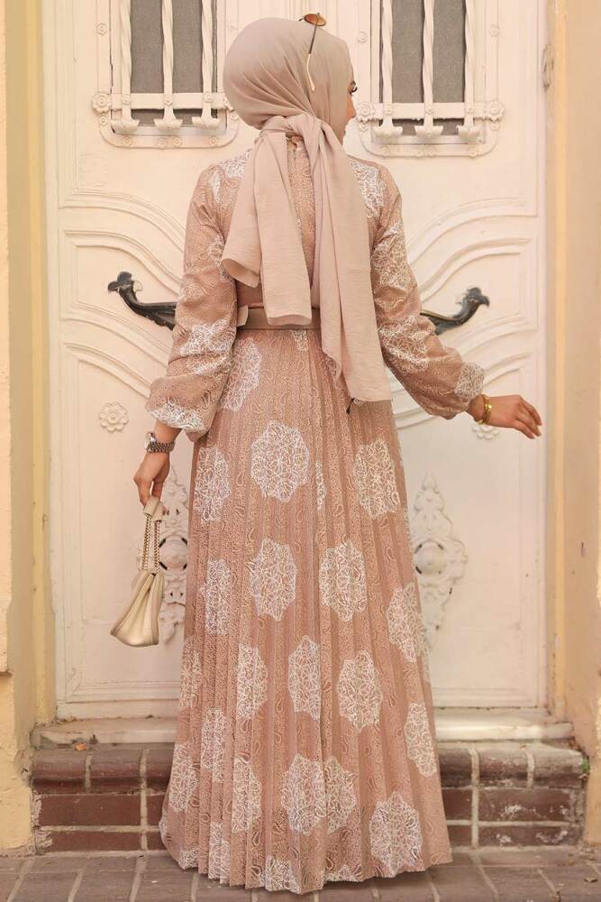 Neva Style - Çiçek Desenli Bisküvi Tesettür Elbise 11870BS - 3