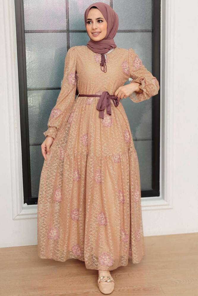 Neva Style - Çiçek Desenli Bisküvi Tesettür Elbise 1216BS - 2