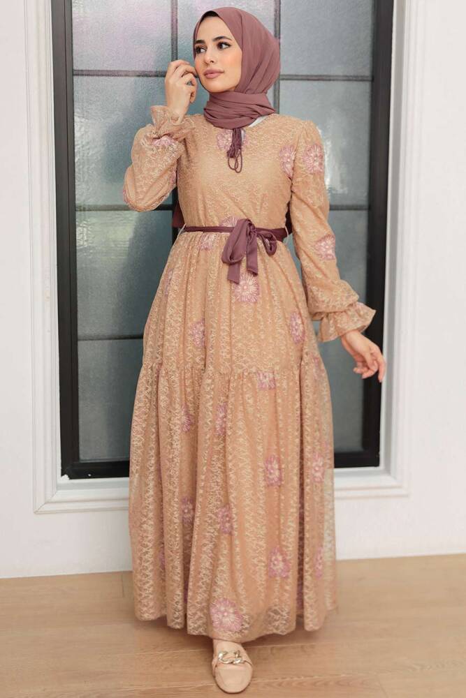 Neva Style - Çiçek Desenli Bisküvi Tesettür Elbise 1216BS - 1