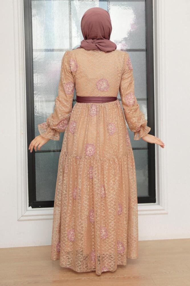 Neva Style - Çiçek Desenli Bisküvi Tesettür Elbise 1216BS - 3