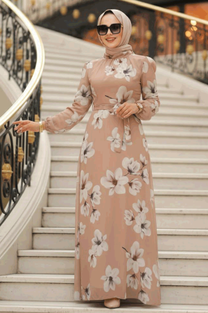  Çiçek Desenli Bisküvi Tesettür Elbise 279314BS - 1