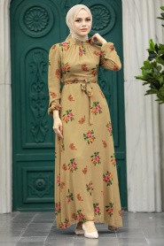 Neva Style - Çiçek Desenli Bisküvi Tesettür Elbise 27943BS - Thumbnail