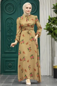 Neva Style - Çiçek Desenli Bisküvi Tesettür Elbise 27943BS - Thumbnail