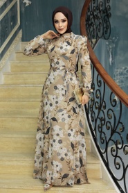 Neva Style - Çiçek Desenli Bisküvi Tesettür Elbise 27950BS - Thumbnail