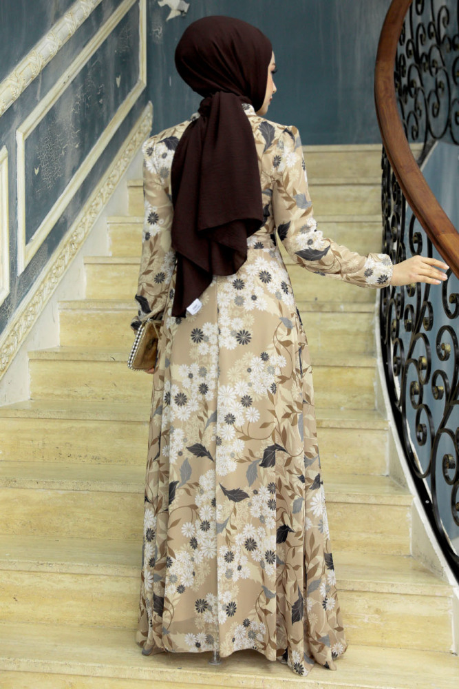 Neva Style - Çiçek Desenli Bisküvi Tesettür Elbise 27950BS - 4