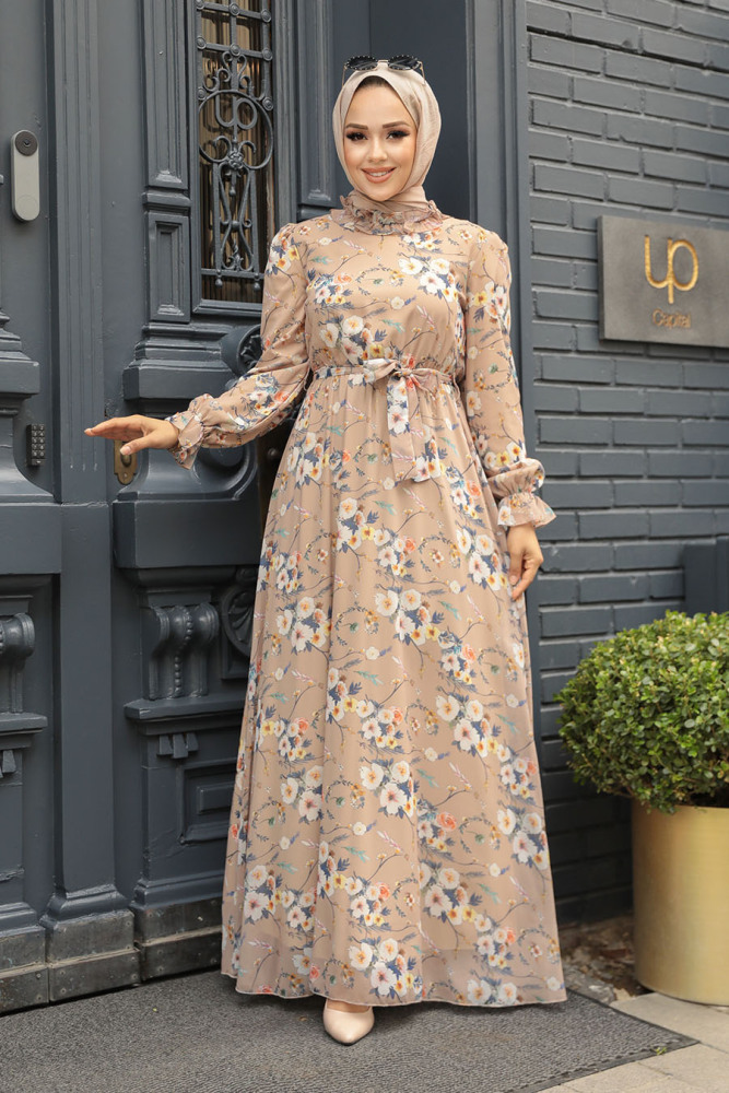 Neva Style - Çiçek Desenli Bisküvi Tesettür Elbise 29711BS - 2