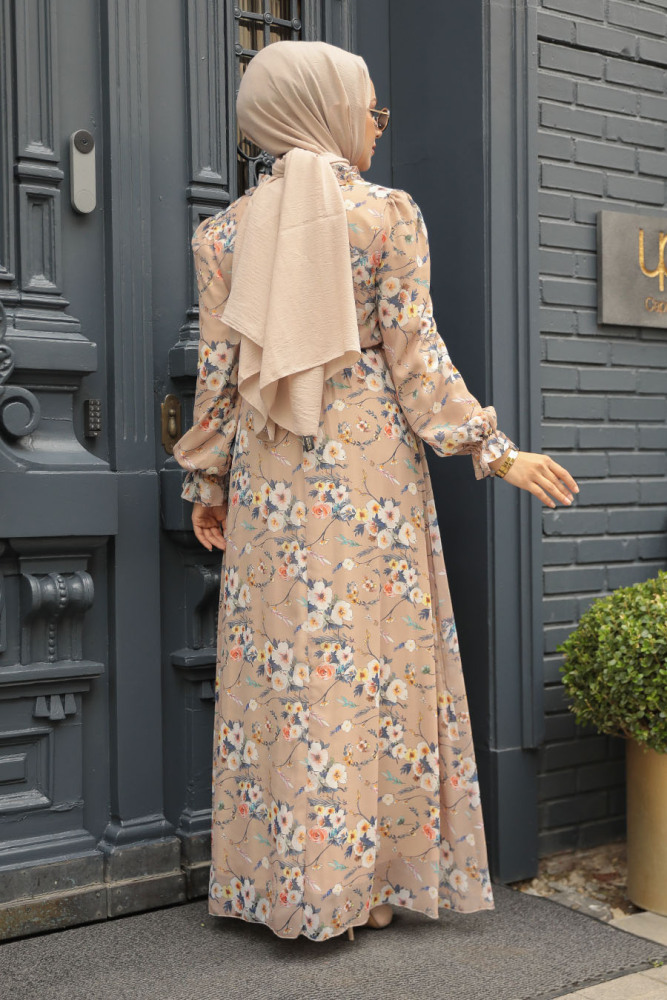 Neva Style - Çiçek Desenli Bisküvi Tesettür Elbise 29711BS - 3