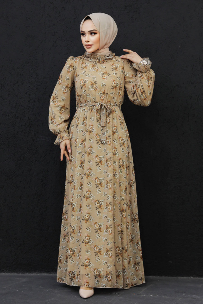 Neva Style - Çiçek Desenli Bisküvi Tesettür Elbise 29713BS - 3