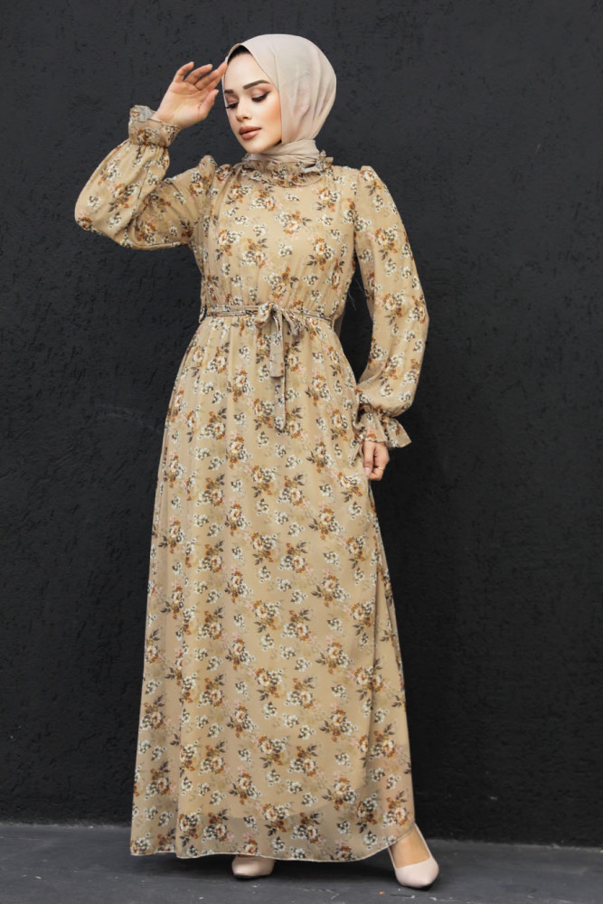 Neva Style - Çiçek Desenli Bisküvi Tesettür Elbise 29713BS - 1
