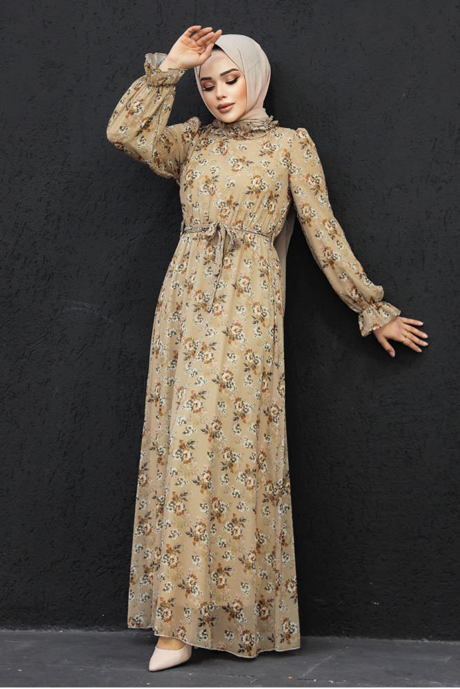Neva Style - Çiçek Desenli Bisküvi Tesettür Elbise 29713BS - 2
