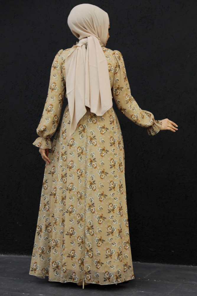 Neva Style - Çiçek Desenli Bisküvi Tesettür Elbise 29713BS - 4