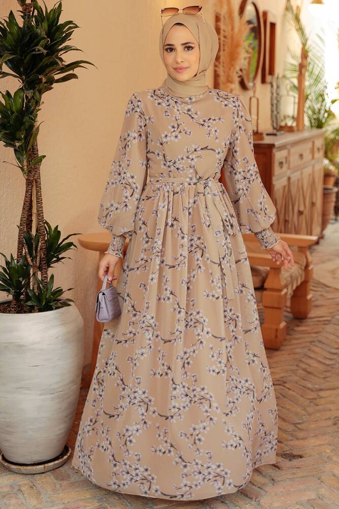 Neva Style - Çiçek Desenli Bisküvi Tesettür Elbise 56830BS - 1