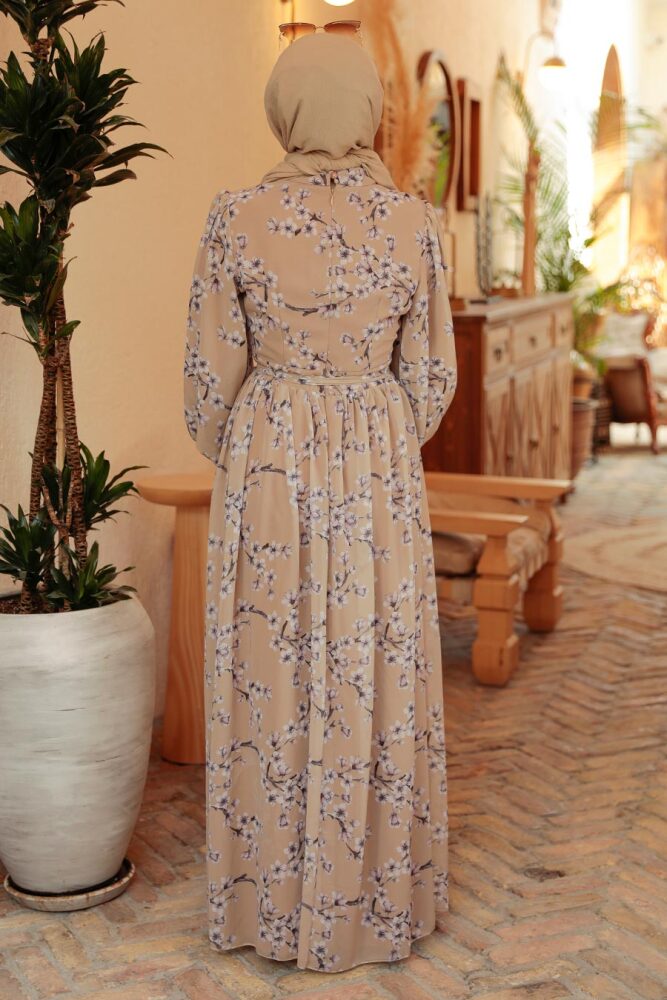Neva Style - Çiçek Desenli Bisküvi Tesettür Elbise 56830BS - 2