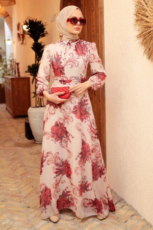 Neva Style - Çiçek Desenli Bordo Tesettür Elbise 279013BR 