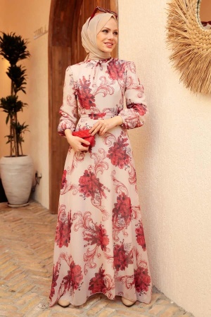 Neva Style - Çiçek Desenli Bordo Tesettür Elbise 279013BR - 4