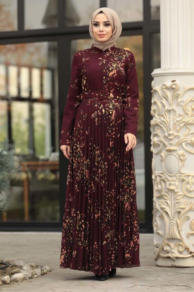 Neva Style - Çiçek Desenli Bordo Tesettür Elbise 14532BR - 1