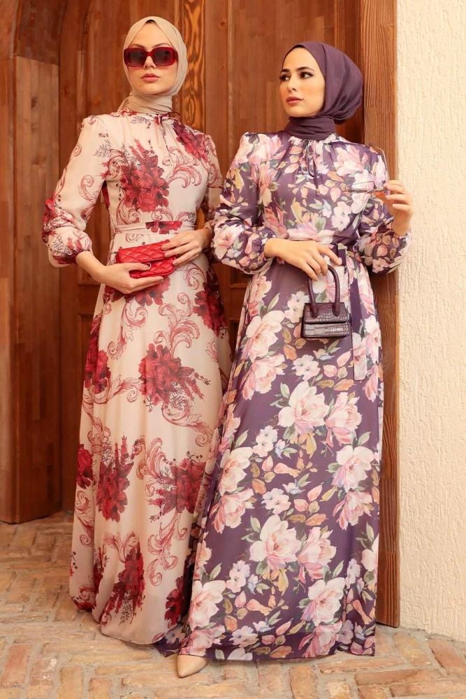  Çiçek Desenli Bordo Tesettür Elbise 279013BR - 5