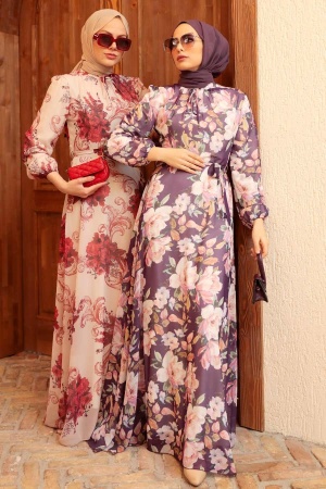  Çiçek Desenli Bordo Tesettür Elbise 279013BR - 6