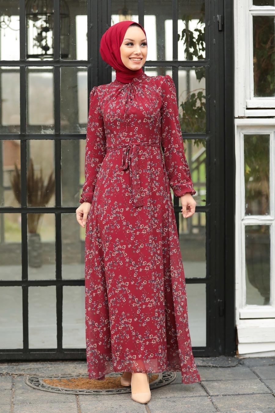 Neva Style - Çiçek Desenli Bordo Tesettür Elbise 27902BR