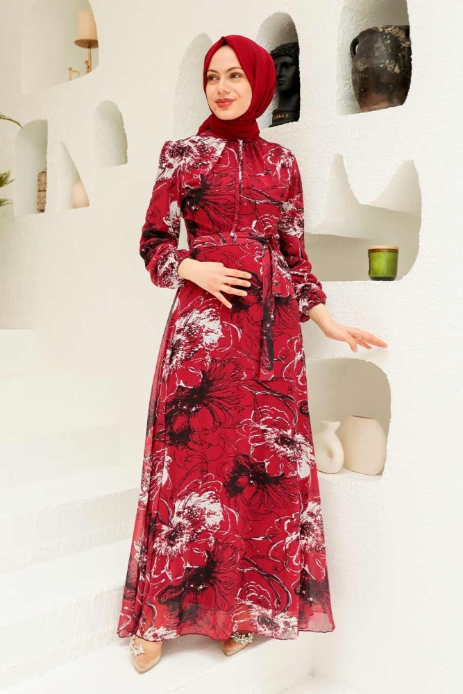  Çiçek Desenli Bordo Tesettür Elbise 279070BR - 1