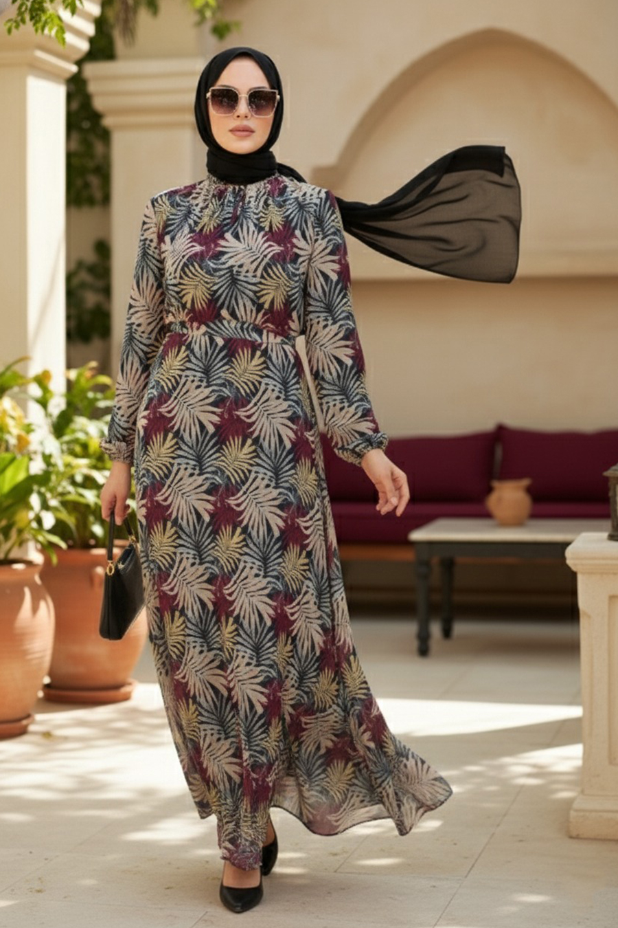  Çiçek Desenli Bordo Tesettür Elbise 279076BR