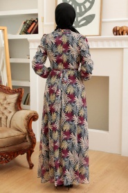 Neva Style - Çiçek Desenli Bordo Tesettür Elbise 279076BR - Thumbnail
