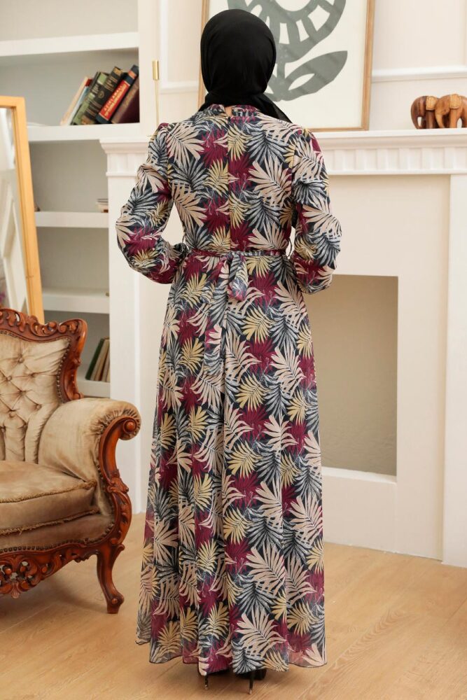 Neva Style - Çiçek Desenli Bordo Tesettür Elbise 279076BR - 2