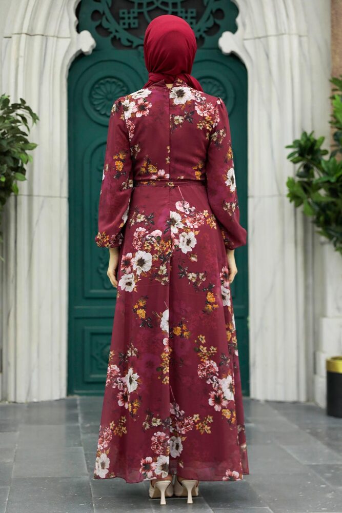 Neva Style - Çiçek Desenli Bordo Tesettür Elbise 279078BR - 3