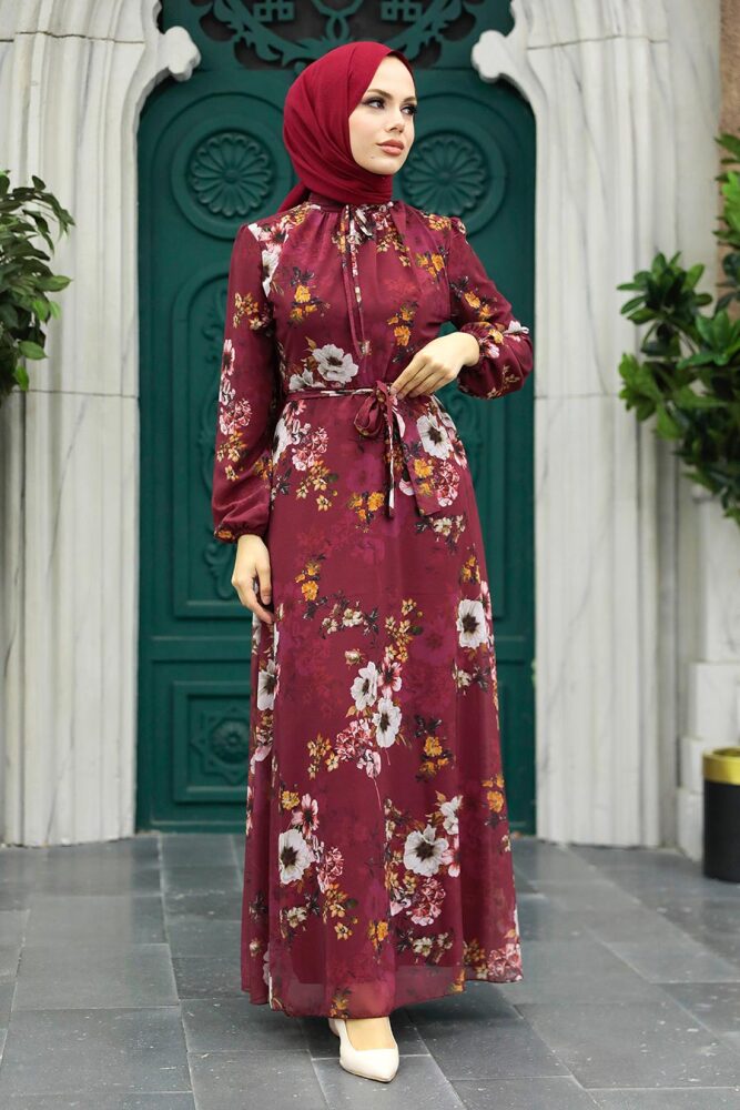 Neva Style - Çiçek Desenli Bordo Tesettür Elbise 279078BR - 1