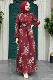 Neva Style - Çiçek Desenli Bordo Tesettür Elbise 279078BR - Thumbnail