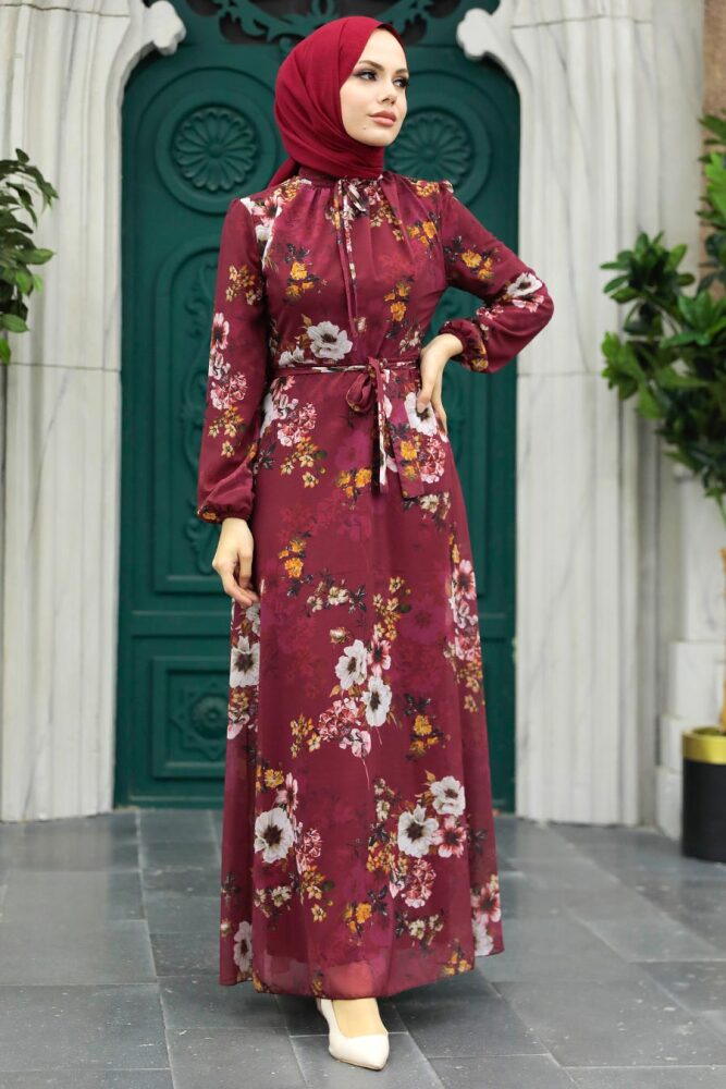 Neva Style - Çiçek Desenli Bordo Tesettür Elbise 279078BR - 2