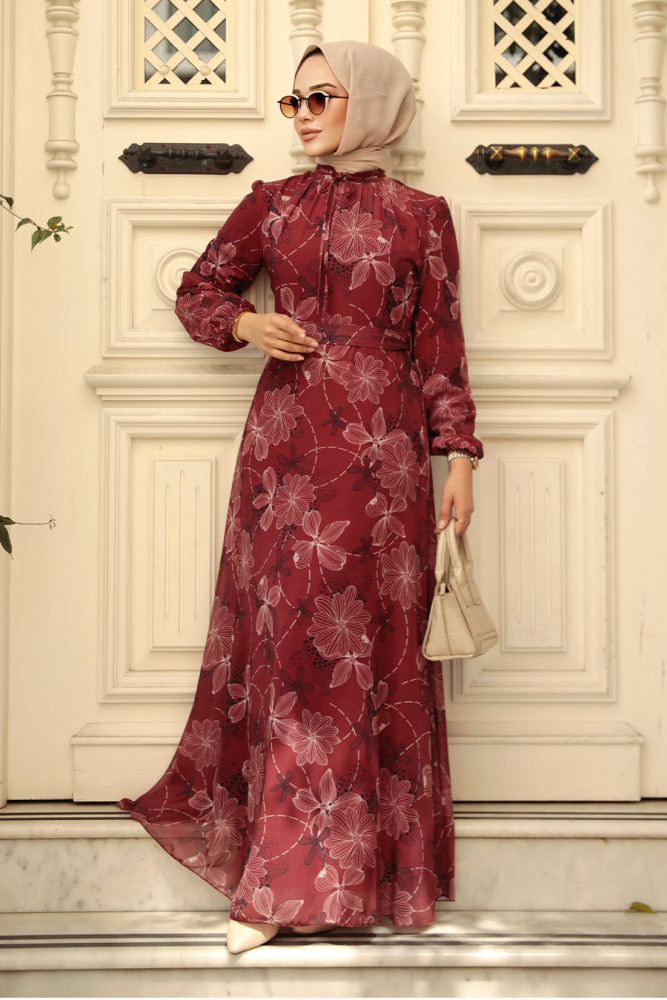 Neva Style - Çiçek Desenli Bordo Tesettür Elbise 279079BR - 1