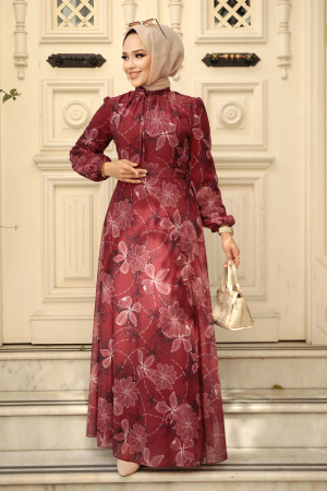 Neva Style - Çiçek Desenli Bordo Tesettür Elbise 279079BR - 2