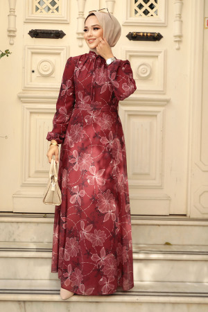 Neva Style - Çiçek Desenli Bordo Tesettür Elbise 279079BR - 3