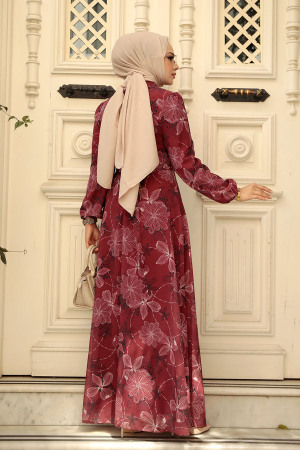 Neva Style - Çiçek Desenli Bordo Tesettür Elbise 279079BR - 4
