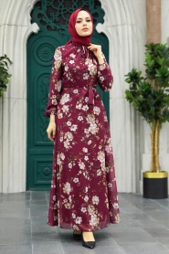 Neva Style - Çiçek Desenli Bordo Tesettür Elbise 279080BR - Thumbnail