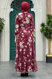 Neva Style - Çiçek Desenli Bordo Tesettür Elbise 279080BR - Thumbnail